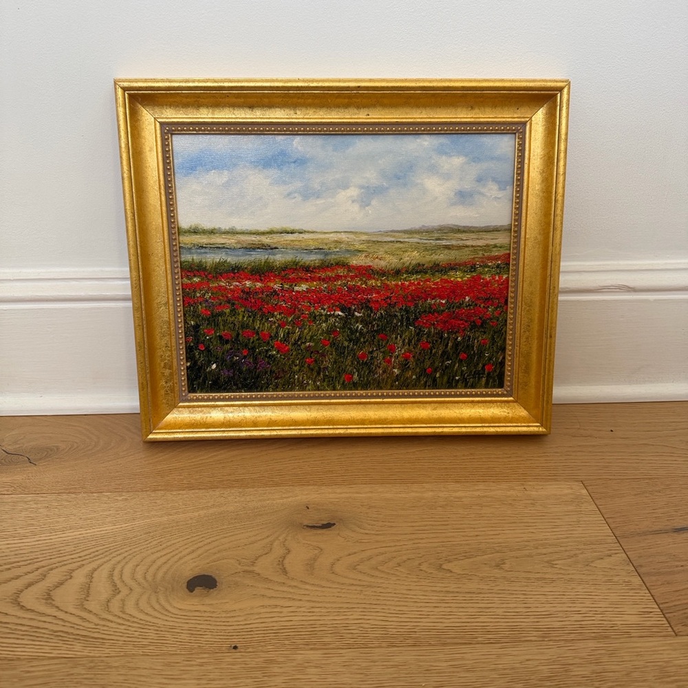 Golden Framed Landscape Art with Red and Green Accents by Carlos Rioz - Picture 9 of 9